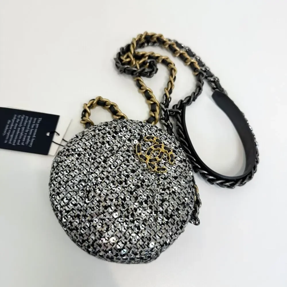 CHANEL 19 Round Gold Chain Sequin Silver Crossbody Mini CC Clutch Shoulder Bag
